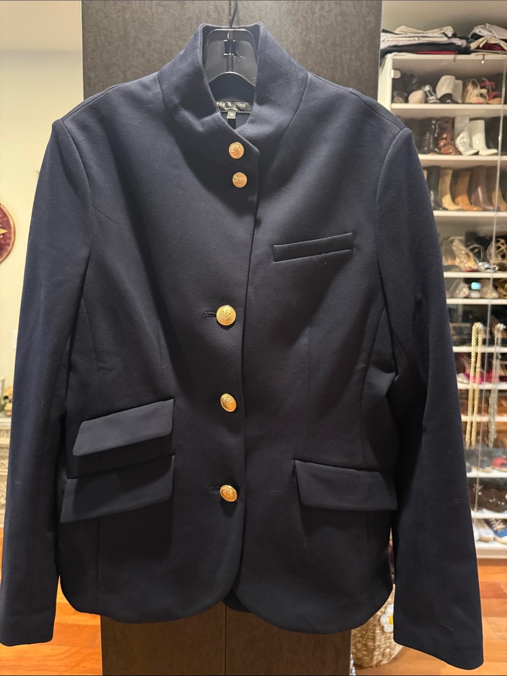 rag & bone Navy Military-Inspired “Slade Ponte”Blazer with Gold Buttons